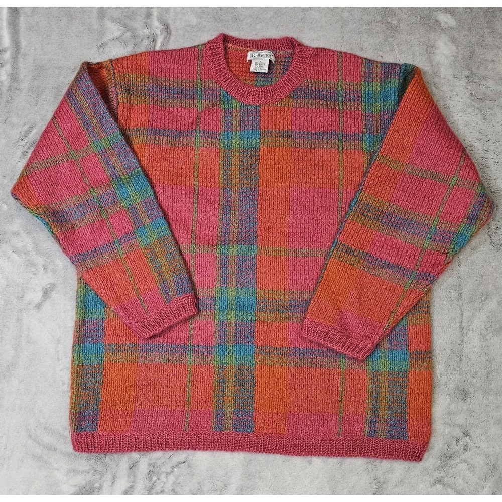Vintage Gallagher Mohair Blend Plaid Knit Sweater Women's Size L Crewneck Pink